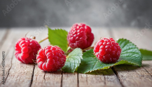 Wallpaper Mural A pile of delicious raspberries with leaves on a wooden table. Torontodigital.ca