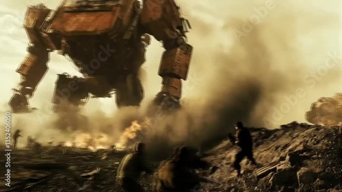 Giant robot destroying a city with a group of people in the background. Smooth repeating motion for background video animation.