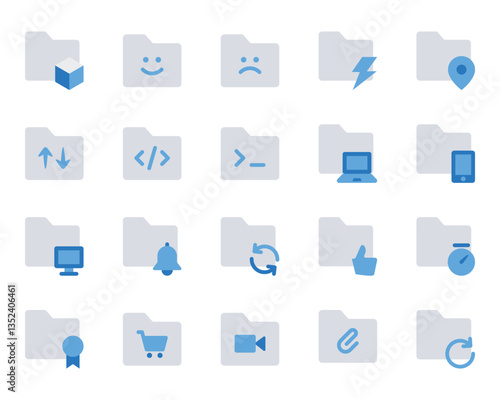 Blue color icons set for Folder, save.