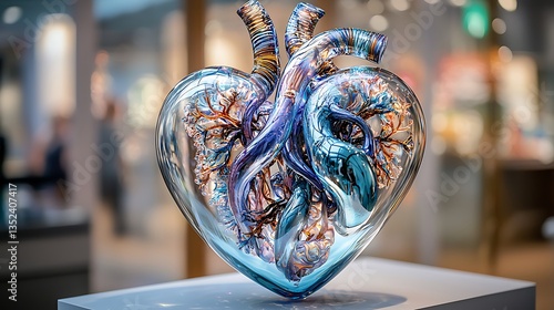 Glass anatomical heart sculpture.