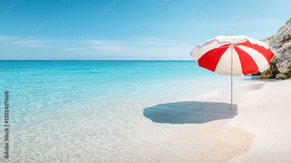 An inviting red and white striped umbrella offers shade over an empty stretch of beach, blending harmoniously with the crystal-clear waters and soft sandy shore. An inviting red and white striped umbrella offers shade over an empty stretch of beach, blending harmoniously with the crystal-clear waters and soft sandy shore.