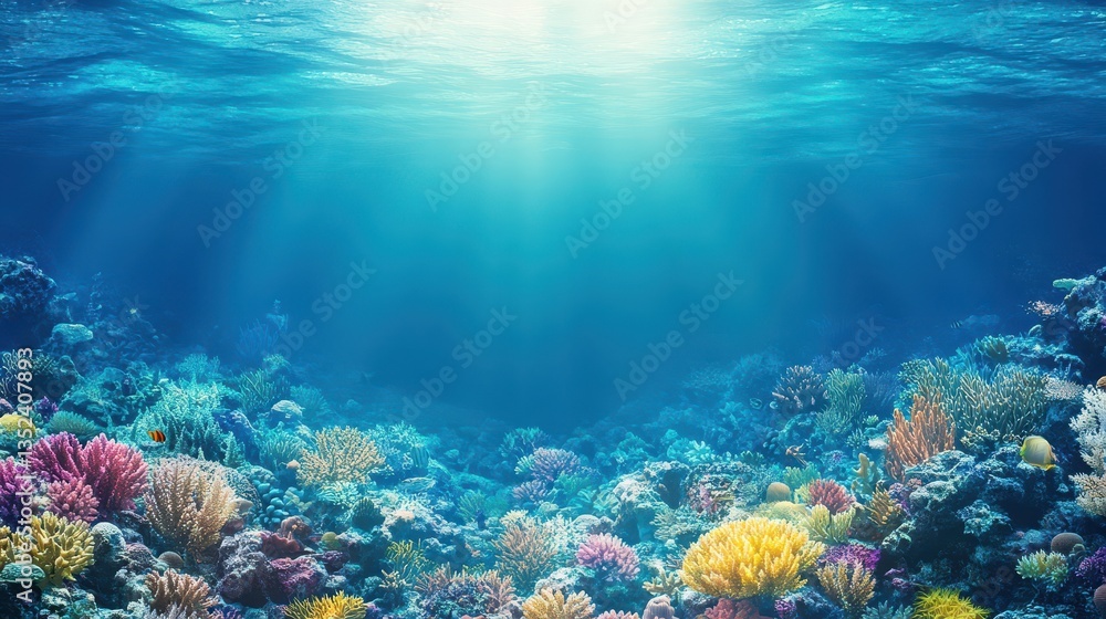 Fototapeta premium Beautiful vibrant underwater coral reef scene with sunlit surface