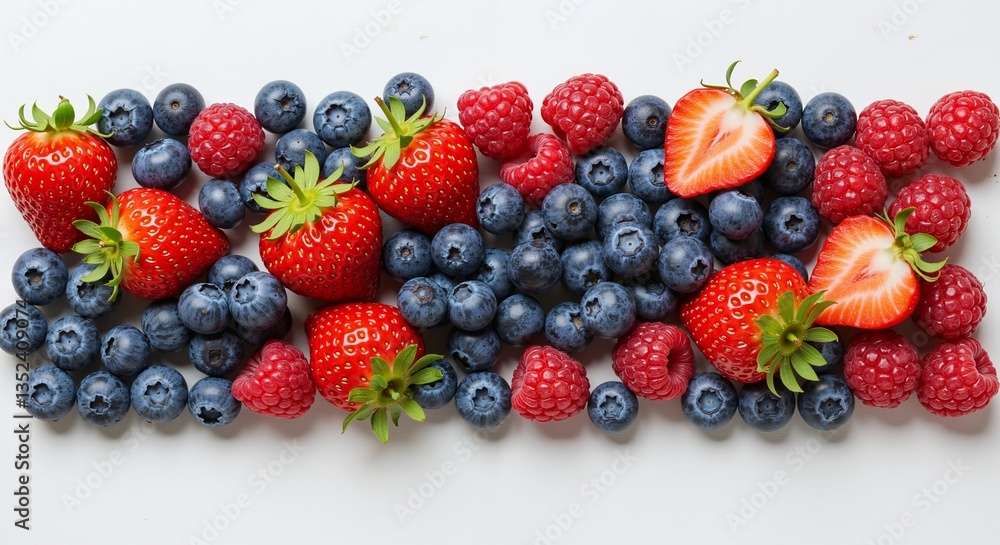 Fresh strawberries, raspberries and blueberries assortment on white background. Healthy eating and superfood concept. For food blog, website banner, poster. Copy space. Fresh strawberries, raspberries and blueberries assortment on white background. Healthy eating and superfood concept. For food blog, website banner, poster. Copy space.