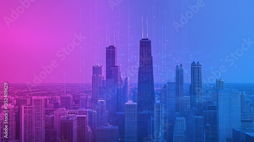 Aerial view of Chicago skyline with digital network overlay. Possible use Stock photo for technology, data visualization, future city concepts, or urban design