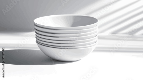 The image shows a stack of approximately eight to ten small, shallow, white ceramic bowls.  The bowls are neatly stacked on a bright white surface.  The lighting is primarily from a window,