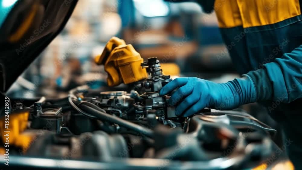 A mechanic is repairing a car engine, wearing yellow gloves. Smooth repeating motion for background video animation. A mechanic is repairing a car engine, wearing yellow gloves. Smooth repeating motion for background video animation.