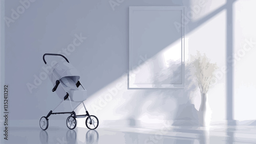 The image shows a white stroller positioned in a minimalist white room. Sunlight streams through a window, casting shadows on the wall and floor.  The stroller is empty, and the floor appears to be