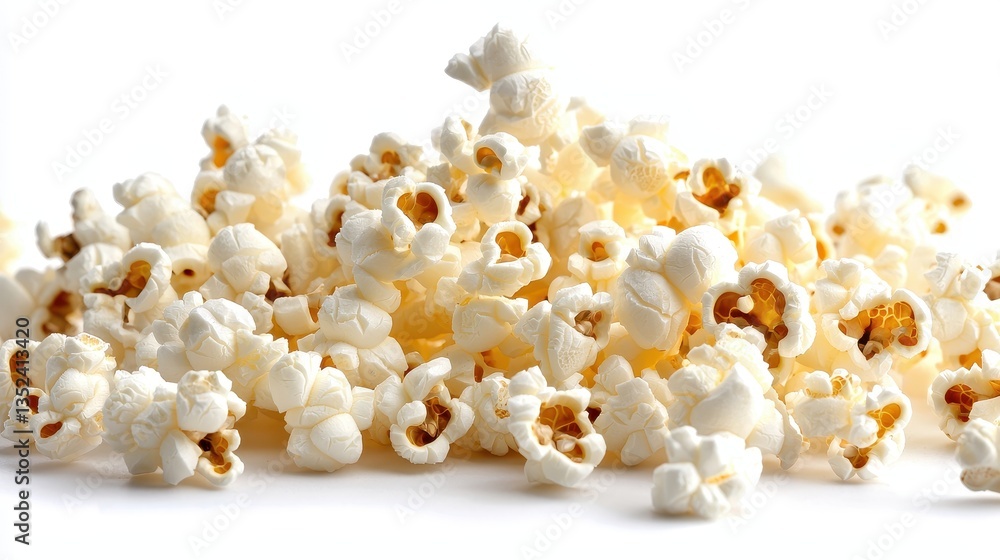 Freshly Popped Popcorn Pile on White Background for Snack Lovers Freshly Popped Popcorn Pile on White Background for Snack Lovers