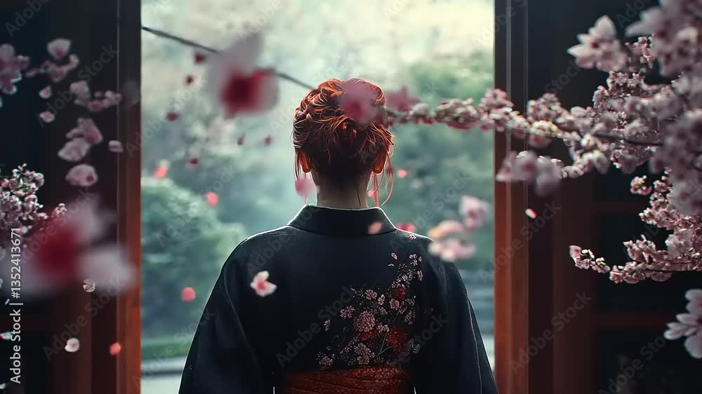 Woman in traditional attire gazes at cherry blossoms Woman in traditional attire gazes at cherry blossoms