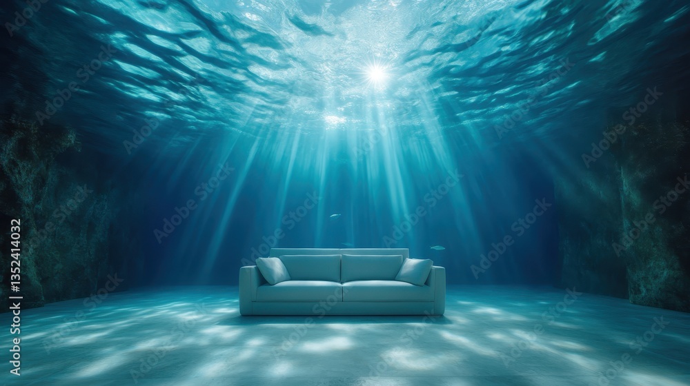 A serene white couch sits gracefully on the ocean floor, surrounded by clear blue waters, embodying solace and tranquility in an ethereal underwater environment.