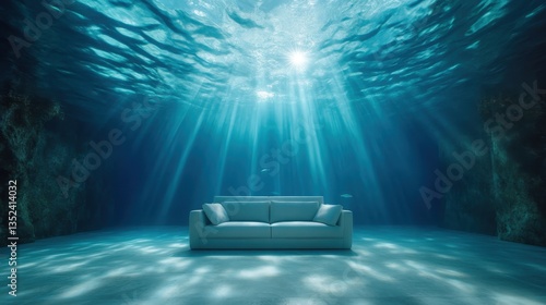 Obraz na płótnie A serene white couch sits gracefully on the ocean floor, surrounded by clear blue waters, embodying solace and tranquility in an ethereal underwater environment. w salonie