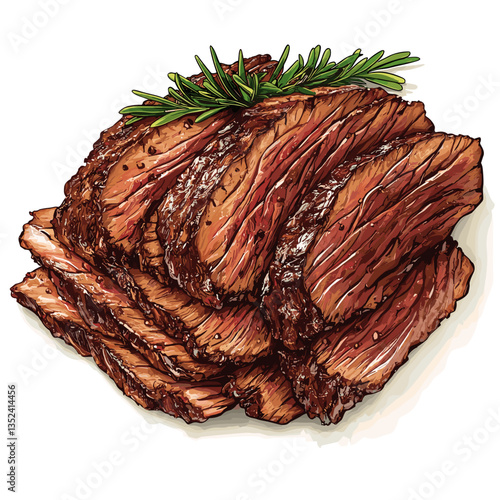 Juicy Sliced Beef Brisket with Herbs on Plate