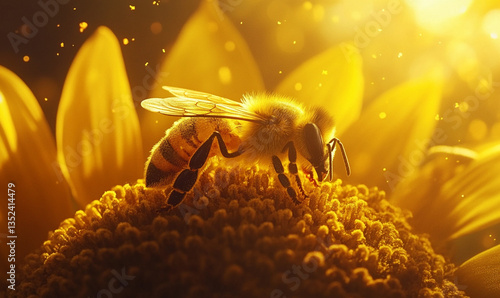 The bee’s delicate wings catch the warm sunlight.