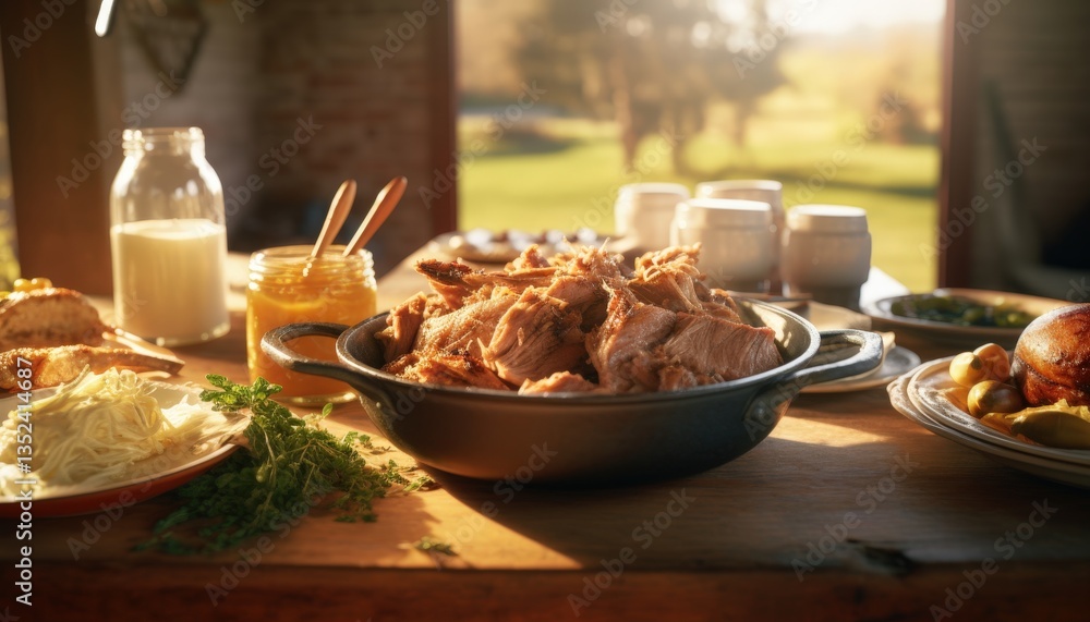 A rustic dining table set outdoors showcases a variety of hearty foods, including tender meat, fresh vegetables, and condiments, with a serene landscape in the background A rustic dining table set outdoors showcases a variety of hearty foods, including tender meat, fresh vegetables, and condiments, with a serene landscape in the background