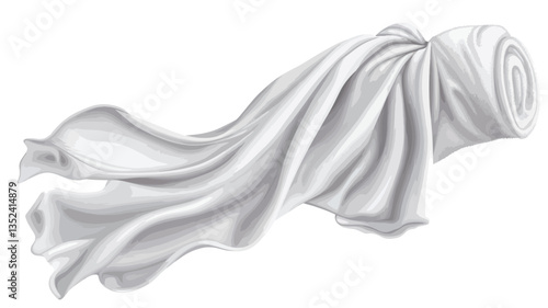 A digitally rendered image depicting a piece of white fabric draped and flowing dynamically. The fabric exhibits soft folds and creases, creating a sense of movement and fluidity. The lighting is