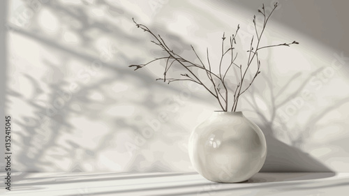 Close-up shot of a white, ovular vase containing dried branches. The vase sits on a white surface against a white wall.  The scene is brightly lit by sunlight streaming through a window, casting