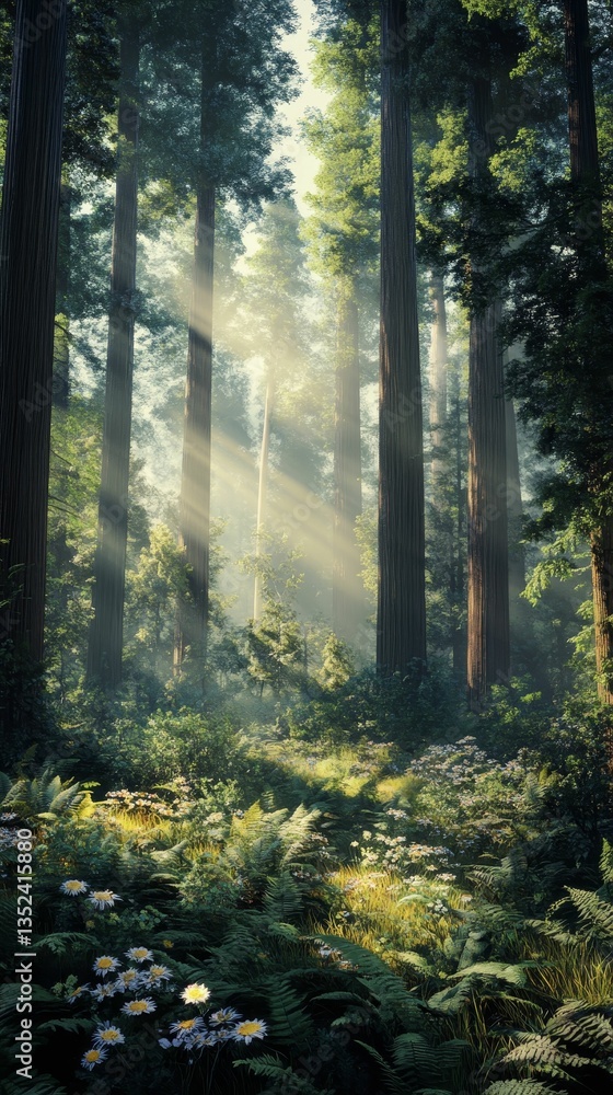 Fototapeta premium Sunlight streams through a lush enchanted forest.