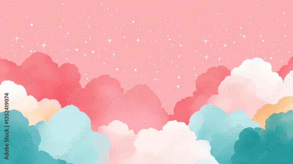 Soft Pastel Clouds with Sparkling Stars in Pink Sky Background Soft Pastel Clouds with Sparkling Stars in Pink Sky Background