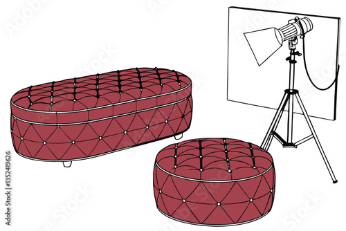 22 Red velvet ottoman, tufted upholstery, circular poufs, luxurious furniture, vibrant crimson, repetitive pattern, plush texture, elegant decor, symmetrical arrangement, studio lighting, high-resolut