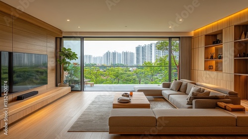 Modern living room with city view