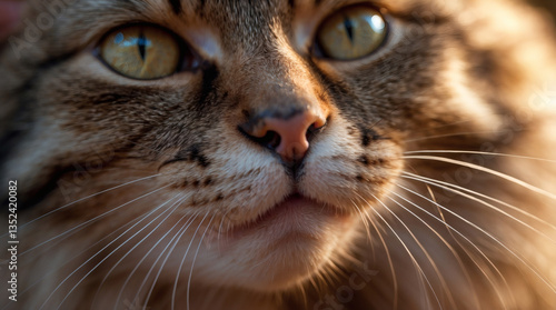 Captivating close-up of a cat's face, showcasing its intricate patterns, mesmerizing eyes, and delicate whiskers, creating a sense of endearment.