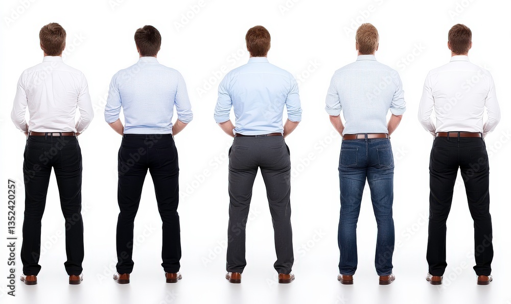 Five Young Men in Dress Shirts and Trousers Standing in a Row Showcasing Different Outfits and Styles from the Back on a White Background Five Young Men in Dress Shirts and Trousers Standing in a Row Showcasing Different Outfits and Styles from the Back on a White Background