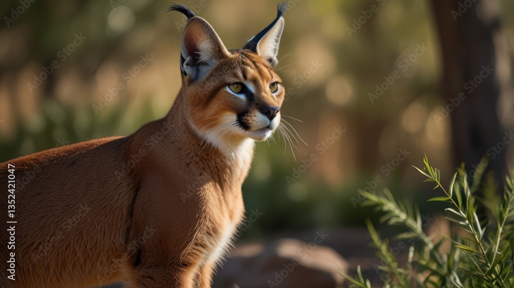 Alert caracal stands watchful in sunlit wild, observing natural surroundings intently Alert caracal stands watchful in sunlit wild, observing natural surroundings intently