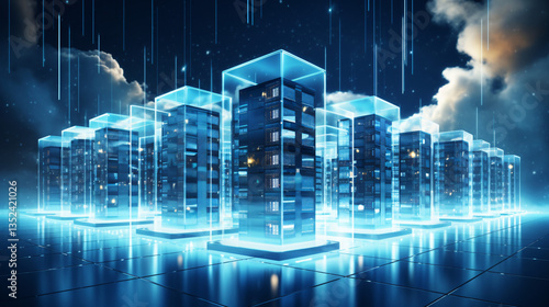 Cloud computing and database technology concept with sleek blue background, representing modern digital infrastructure and data flow.