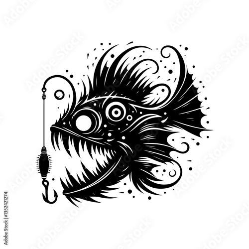 A mysterious silhouette of an anglerfish with a glowing lure and sharp toothy mouth, deep-sea theme.