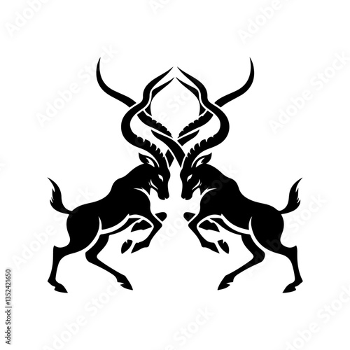 A symmetrical silhouette design of two fighting animals — antelopes with curved horns