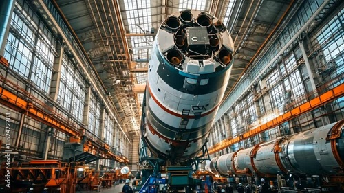 Large Rocket Under Construction In Industrial Facility