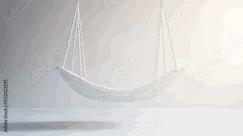 The image shows a white hammock-style swing suspended from the ceiling against a bright, off-white background. The swing is made of a soft, possibly fabric material, and hangs from thin white