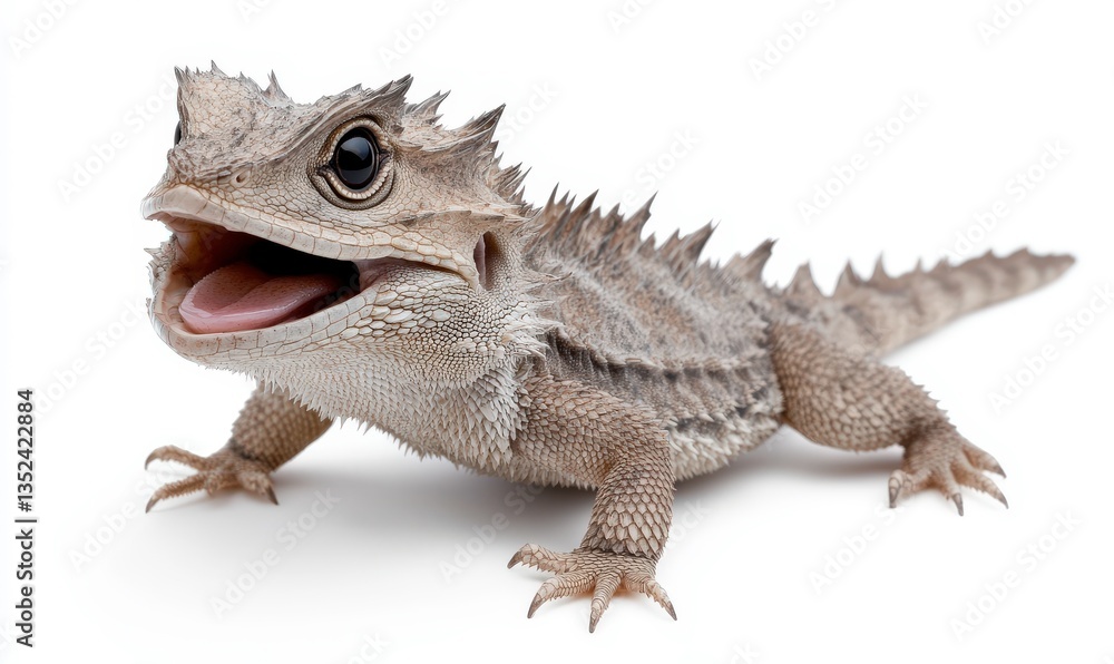 Naklejka premium Detailed Close-Up of a Bearded Dragon Smiling, Showcasing Unique Scales and Expressive Features, on a Clean White Background, Ideal for Reptile Enthusiasts and Educational Purposes