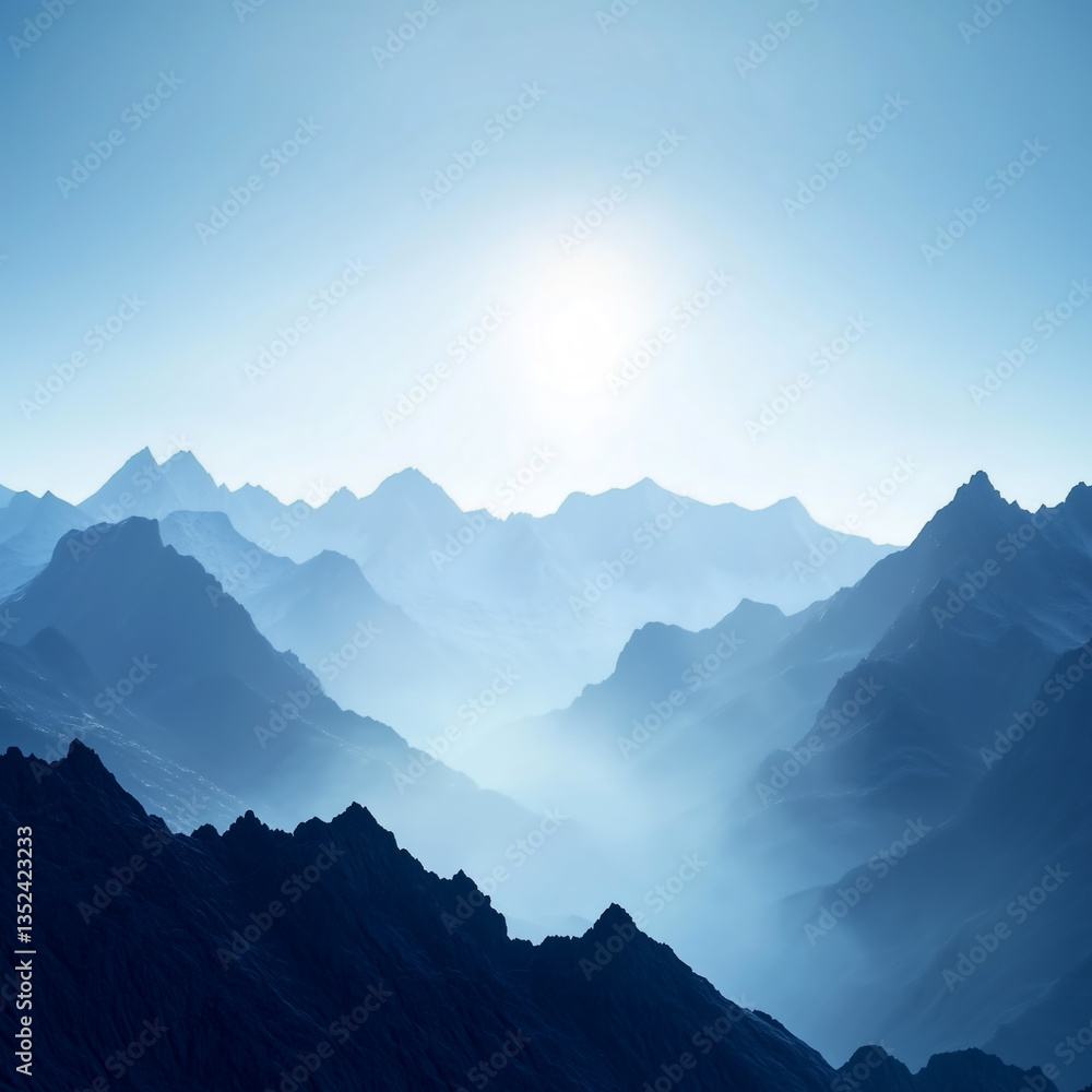 Fototapeta premium Mountain landscape at dawn revealing tranquil blue hues and silhouettes of peaks