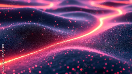 Digital terrain with glowing particles and a bright line