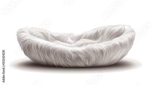 The image shows a digitally rendered or illustrated object shaped like a shallow bowl. The object appears to be entirely covered in long, light-grey or off-white fur or similar fluffy material. The