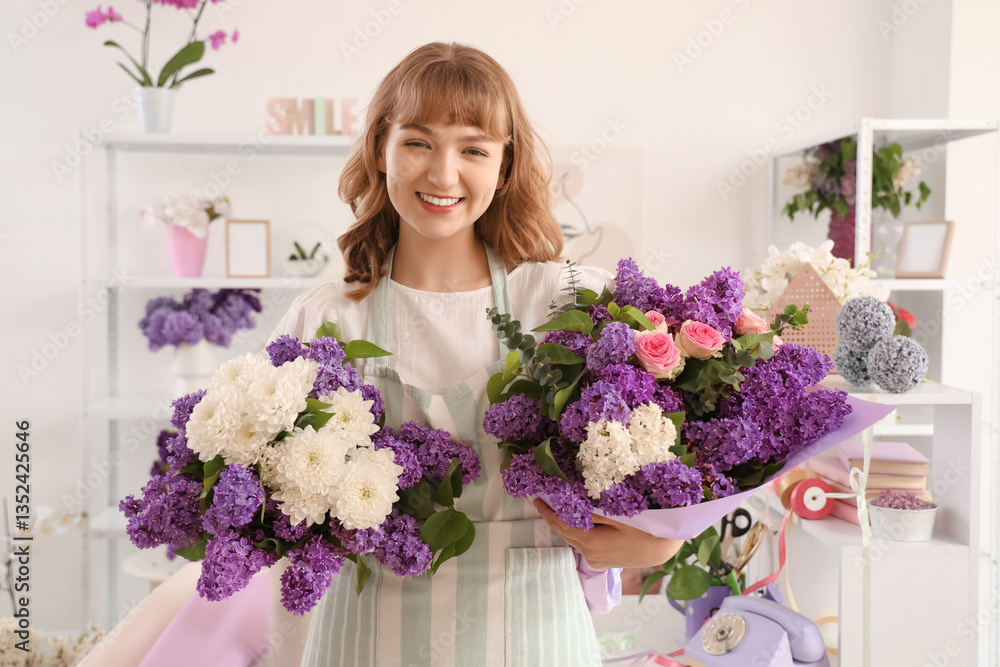Female florist holding beautiful bouquets with lilacs in flower shop Female florist holding beautiful bouquets with lilacs in flower shop