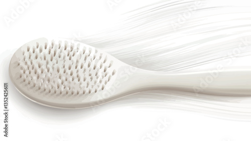 High-angle, close-up shot of a white paddle hairbrush lying on a white surface. The brush has a curved, oval-shaped head with densely packed bristles. The handle is sleek and elongated, mirroring