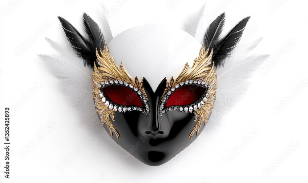 Naklejka premium Elegant Black and Gold Masquerade Mask with Feathers and Gems for Carnival, Festival Celebrations, and Themed Events