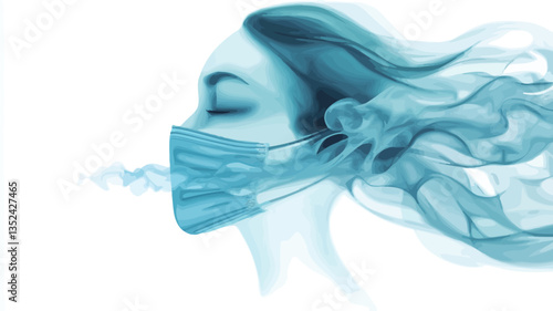 A stylized digital illustration depicting a woman's face in profile view, wearing a light blue medical face mask. The hair is rendered in a smoke-like, flowing blue form, extending outwards.  The