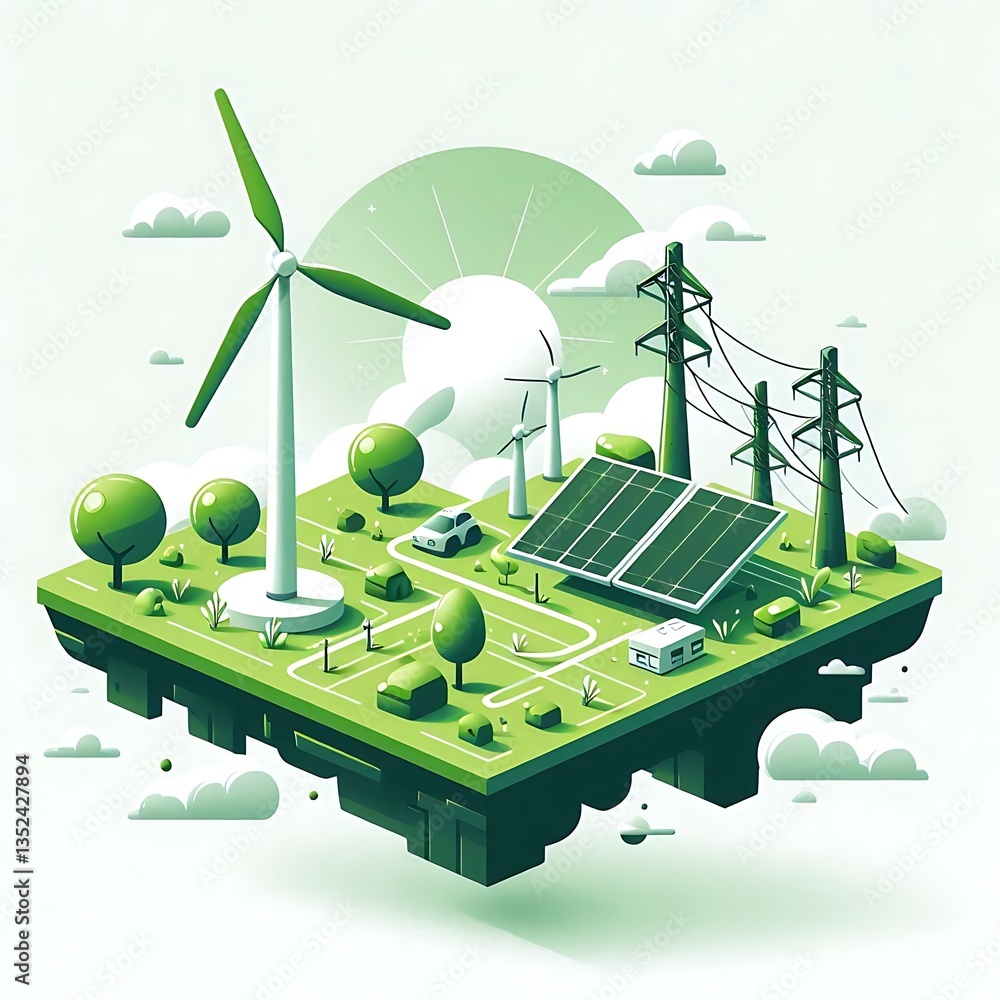 An abstract scene of a city powered by green energy, with solar panels and wind turbines, against a pure white background, sustainable living, Eco friendly house, smart home,created with generative ai An abstract scene of a city powered by green energy, with solar panels and wind turbines, against a pure white background, sustainable living, Eco friendly house, smart home,created with generative ai