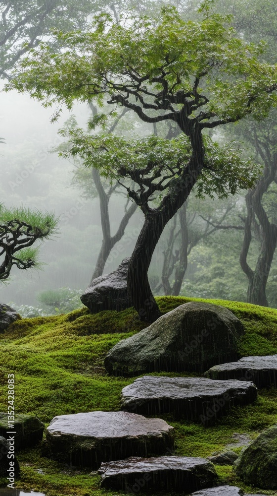 Misty garden path curves through green moss. Misty garden path curves through green moss.