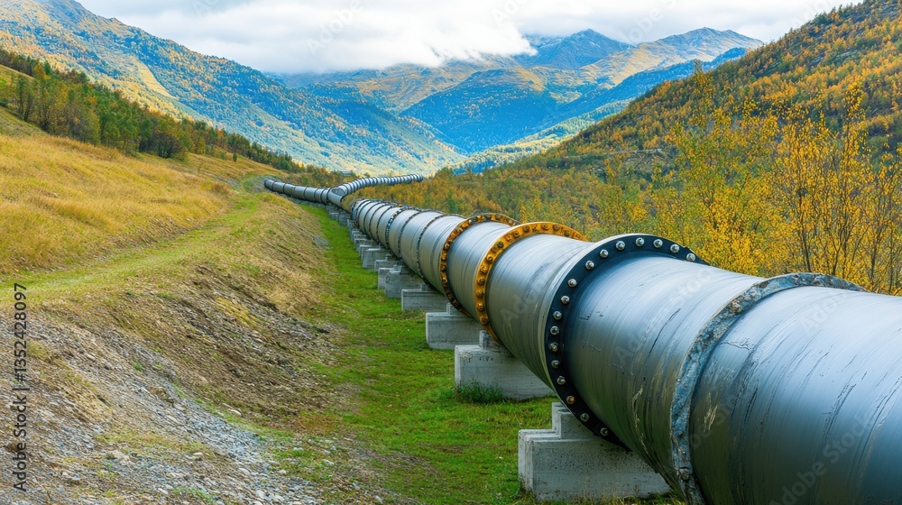 Vast Pipeline Stretching Through Scenic Mountain Landscape in Autumn