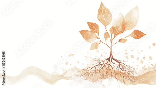 A stylized watercolor painting depicts a small sapling with visible roots emerging from sandy soil. The leaves are rendered in shades of orange and beige, with a light, airy quality. The roots