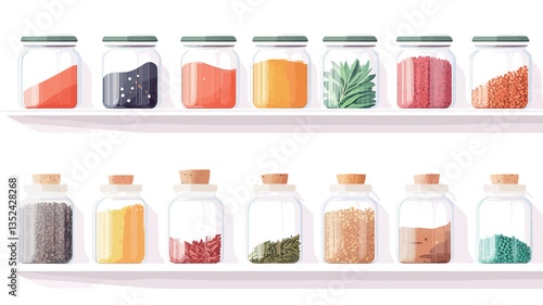 The image shows two rows of glass jars containing various spices and herbs.  The top row features jars with metal lids, while the bottom row has jars with cork stoppers.  The jars are transparent,