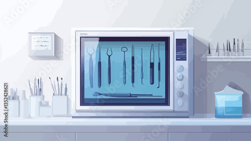The image shows a white autoclave with various medical or dental instruments visible through its transparent door. The instruments are neatly arranged and appear clean. The autoclave is situated on
