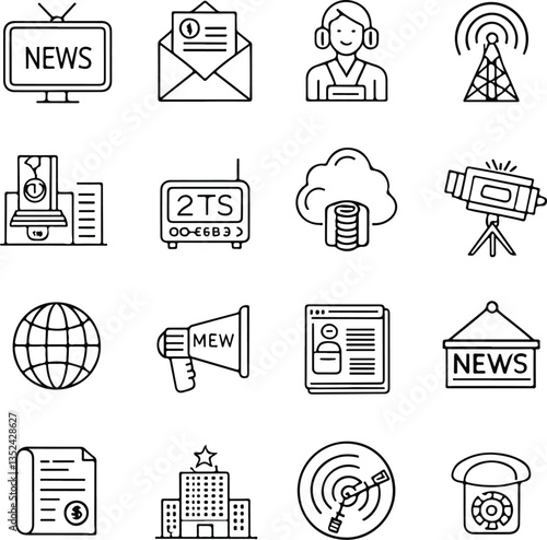 News Media Icons Set Editable Stroke Vector Journalism Communication Network