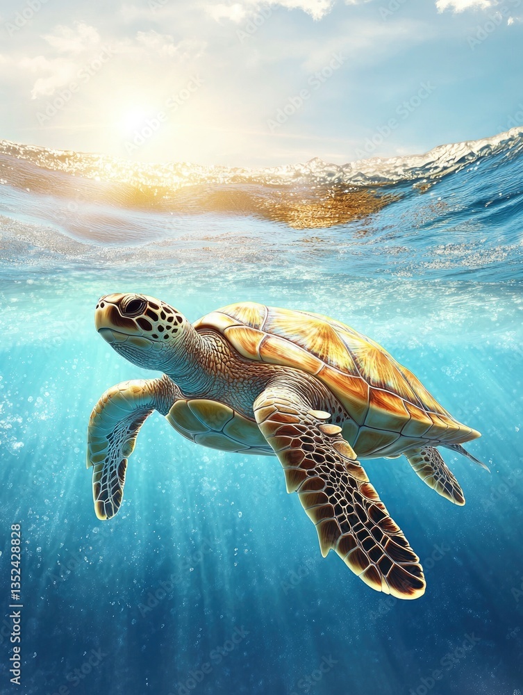 Obraz premium Sea Turtle Swimming Underwater in Ocean with Sun Rays and Bubbles