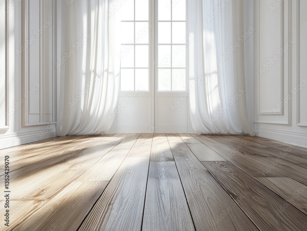 A light filled room with curtains and wood flooring A light filled room with curtains and wood flooring