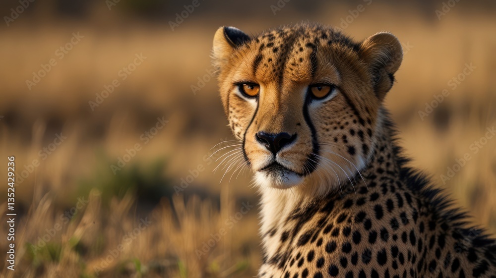 A cheetah portrait with orange eyes, focused, and with brown spots and detailed fur A cheetah portrait with orange eyes, focused, and with brown spots and detailed fur
